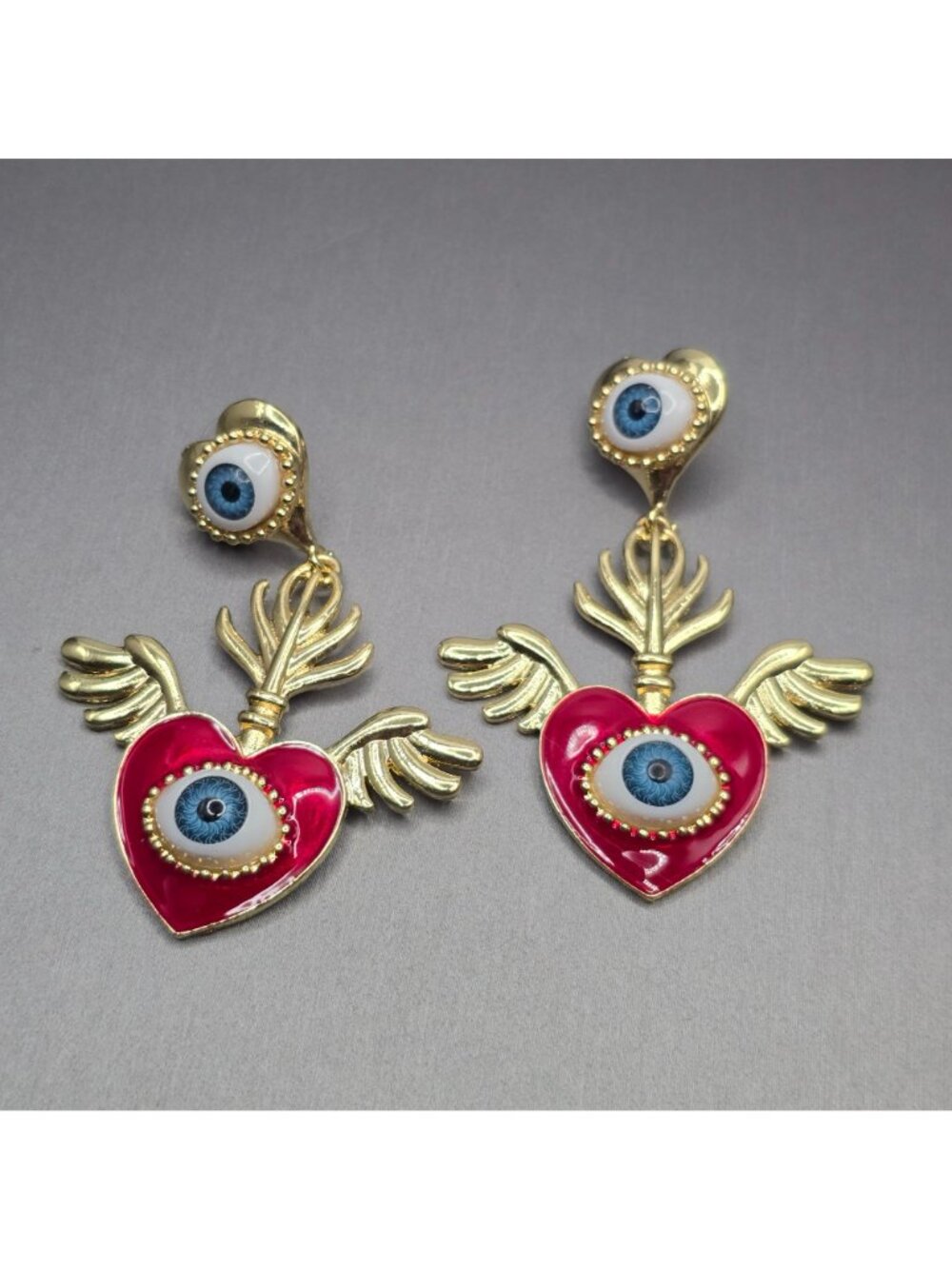 Surrealist Evil Eye Sacred Heart Drop Earrings 3" Gold Red Enamel Statement - Picture 7 of 7